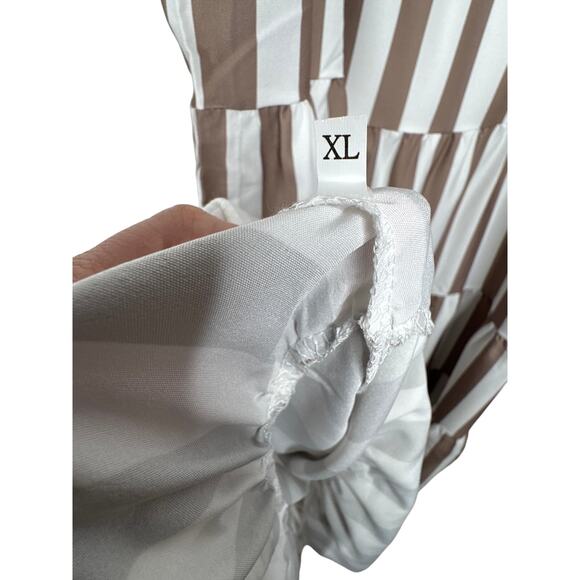 Brown White Striped Maxi Dress XL Tie Shoulder Tiered Summer Sundress - Picture 6 of 10